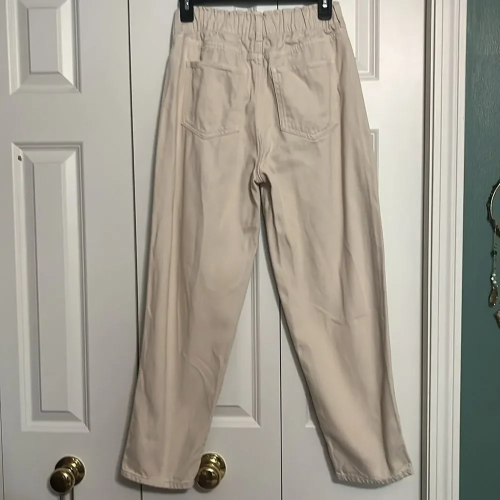 H & M Elastic Scrunch Waist Beige Denim Mom Jeans Pants Women's 4